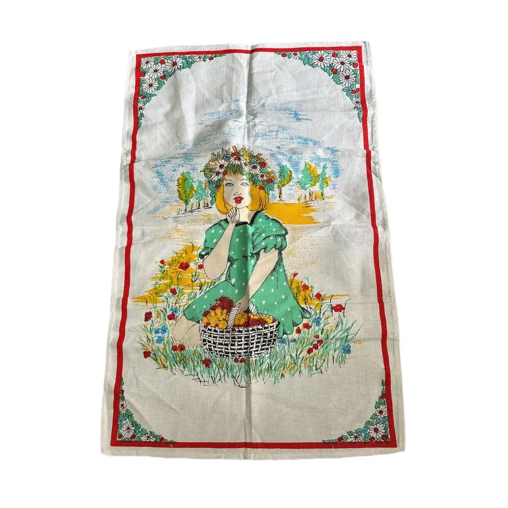 Vintage Cotton Tea Towel Floral Girl Basket Red Border Cottagecore